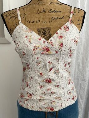 Seduction Floral Cotton Crochet Corset Style Tank Top Smocked Back Size Medium